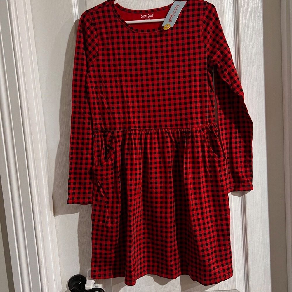 Cat & Jack Youth Girls' Red Black Plaid Printed Long Sleeve Dress Size XXL NWT